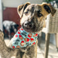 cute brindle dog puppy wearing stud muffin dog bandana