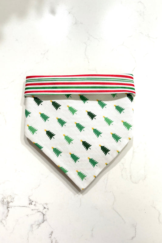 Christmas tress and red and white stripes dog bandana for large dogs