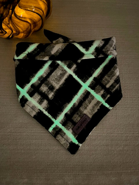 Black and white plaid flannel glow in the dark dog bandana