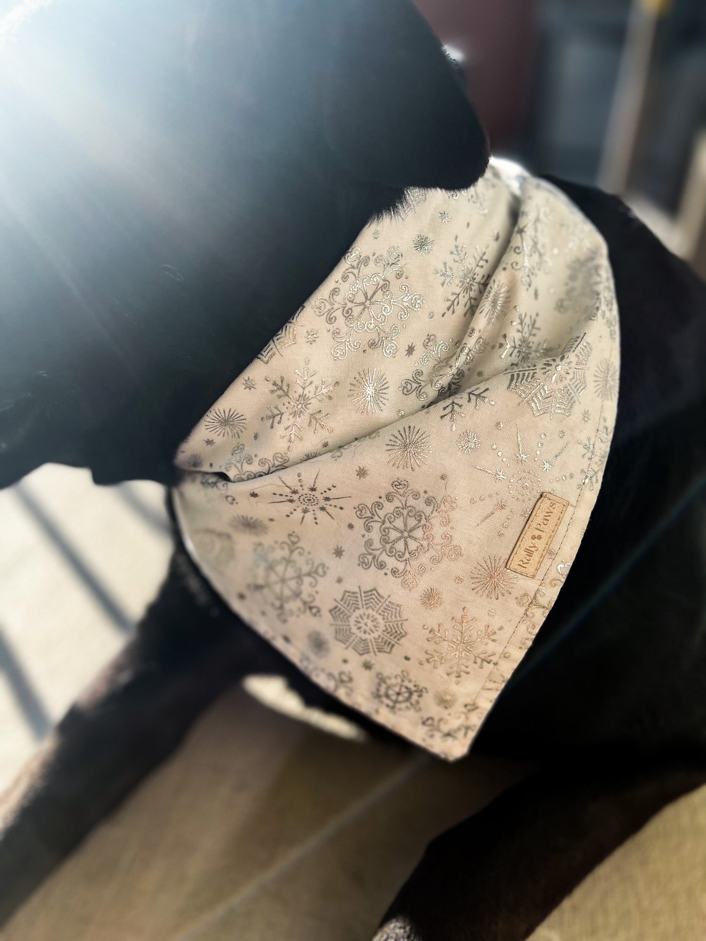 White dog bandana with little silver snowflakes